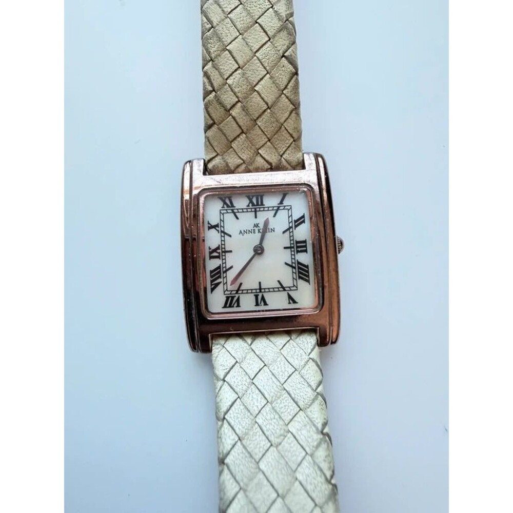 Anne Klein Rose Gold Tank Watch with Woven Cream Leather Strap